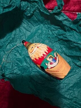 Hand-Painted Santa Holiday Ornament in Red, Green, Cream opens vintage